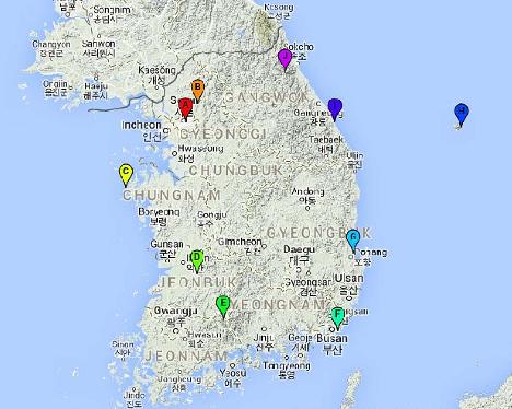 South Korea September 2013-2_1024pix Map of South Korea. (A) Namsan Park, Seoul. (B) Korea National Arboretum. (C) Chollipo Arboretum. (D) Hanok Village, Jeonju. (E) Nogodan, Jiri-san. (F) Busan....