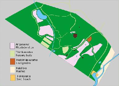 arboretum_map_1024px Rhodogarden consist of two properties with a total area of nine acres. Rhodogarden arboretum muodostuu kahdesta tontista, yhteispinta-alaltaan 3,6 hehtaaria.