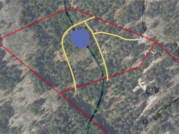 Lammen_kartta_2_1024px I sketched a map of a pond. Red = borders of the two properties, total area 3,5 hectares, yellow = arboretum roads, green = main ditch, blue = pond. 5-Feb-2020...