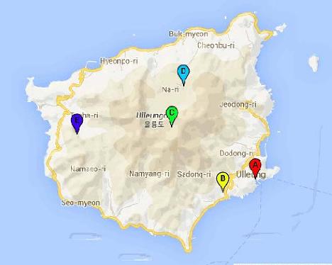 Ullung_map_4_1024pix Map of Ullung Island. (A) Dodong harbor, Ullung. (B) Daea Ullung Resort Hotel. (C) Seonginbong Peak. (D) Nari-Dong village. (E) Taeha-ryong.