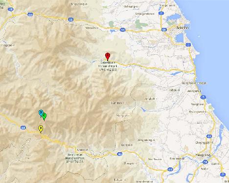 Map Seorak-san 1024pix Map of Seorak-san Mountains. (A) Gweongeum-seong. (B) Hangye-ryeong. (C) Mountain peak at 1300 m. (D) Turning point at 1300 m. Map data @2015 Google, SK Planet.