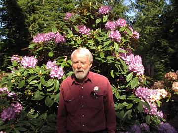 IMG_9197_Bill_Stipe_and_Amiblue Bill Stipe and his Rhododendron 'Amiblue', in Bill Stype's Glynneden Gardens, Greenbank, Whidbey Island